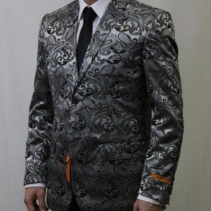 Mens Plus Size Blazers - Large Mens Blazers Mens White and Black Paisley Blazer - Big and Tall Sport Coat With Bowtie